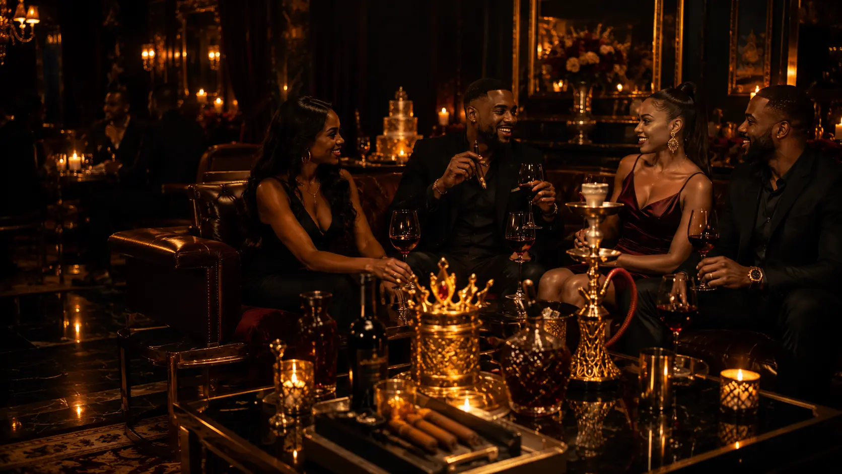 Stylish adults enjoying hookah together in an elegant lounge