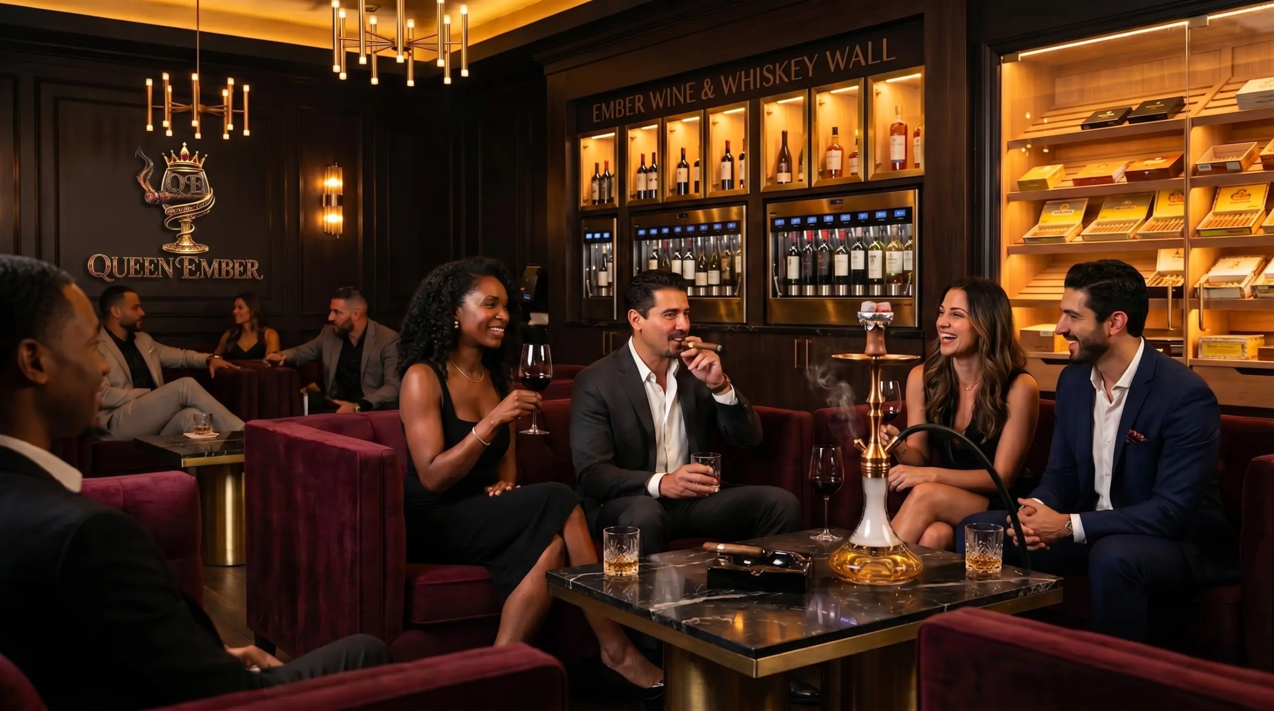Guests connecting at an elegant private Queen Ember celebration