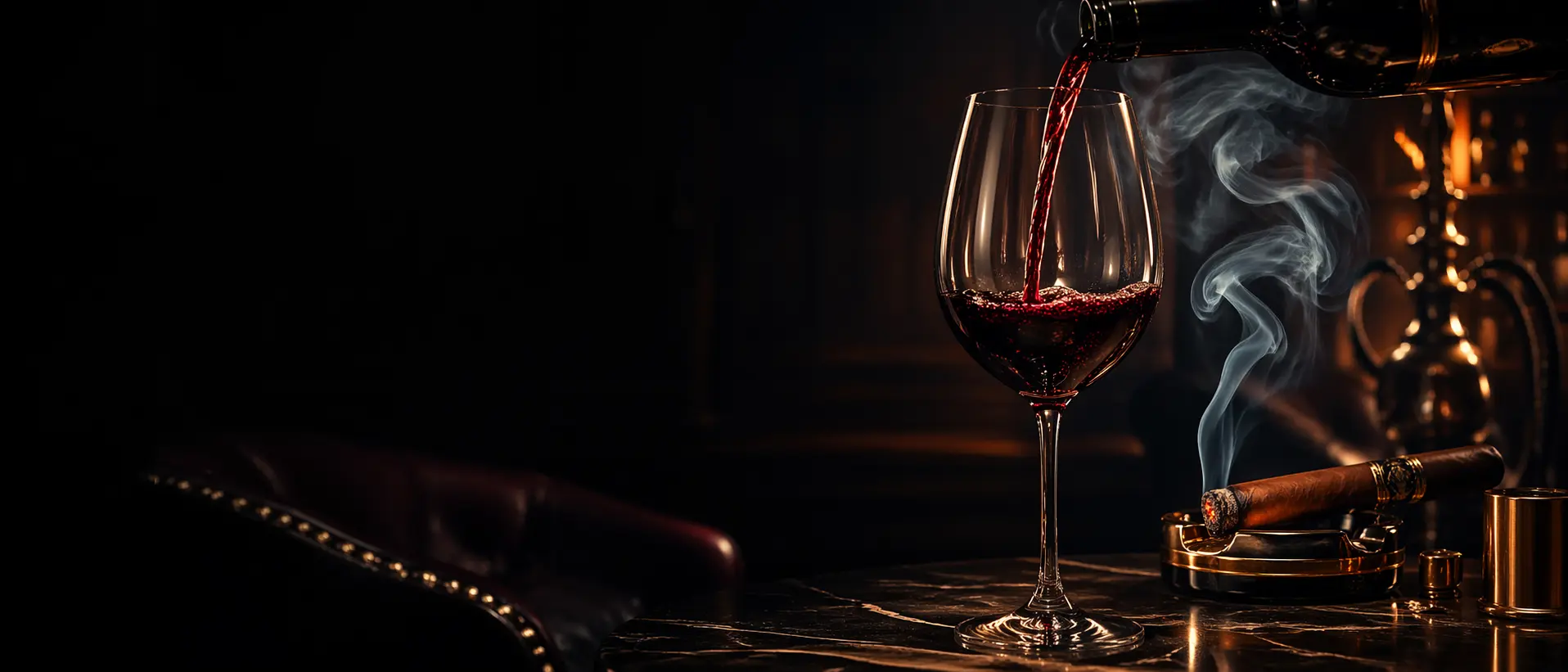 A premium cigar paired with wine in a luxury lounge setting